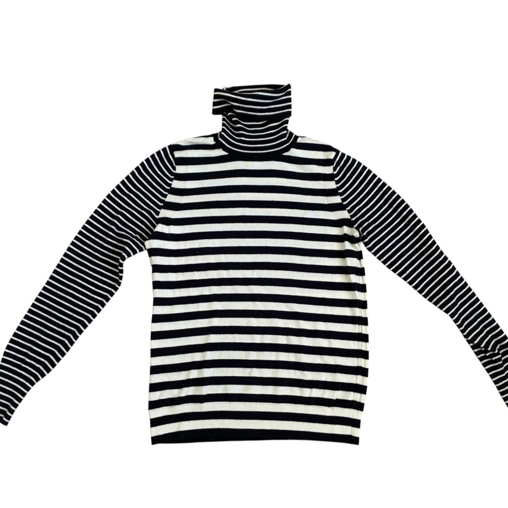 Banana Republic Cotton Cashmere Striped Turtleneck Top Navy White Small